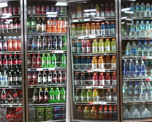 Cold beverages in the cooler at a store