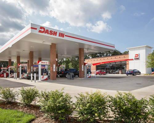 The exterior of a Dash In convenience store and gas station