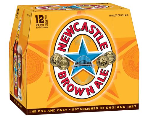 A 12-pack of Newcastle Brown Ale debuting its new look.