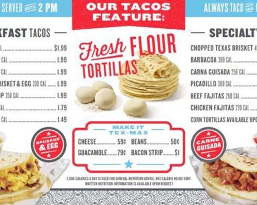 The menu for True Texas Tacos