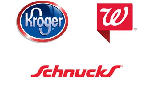 Logos for Walgreens, Kroger and Schnuck Markets