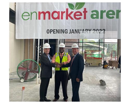 Celebrating the naming rights partnership are (from left) Brett Giesick, president, Enmarket; Savannah Mayor Van Johnson; and Peter Luukko, chairman, Oak View Group Facilities.