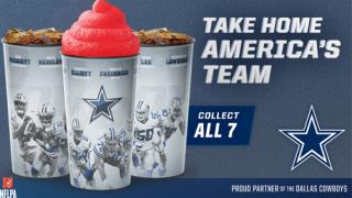 Dallas Cowboys collectible cups available at select locations, like Stripes.