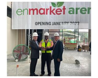 Celebrating the naming rights partnership are (from left) Brett Giesick, president, Enmarket; Savannah Mayor Van Johnson; and Peter Luukko, chairman, Oak View Group Facilities.