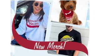 Collage of woman in a Stewart's sweatshirt, dog in a Stewart's bandana and man in a Stewart's T-shirt