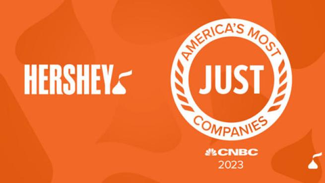 Logos for The Hershey Co. and Americas Most JUST Companies
