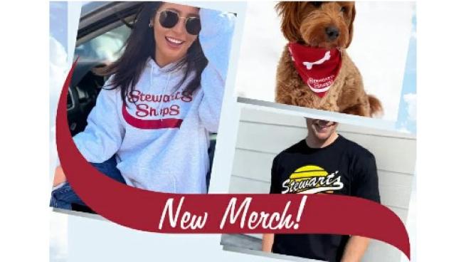 Collage of woman in a Stewart's sweatshirt, dog in a Stewart's bandana and man in a Stewart's T-shirt