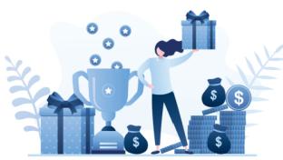 Illustration of woman surrounded by loyalty program money and rewards