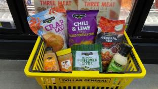 Grocery basket full of Dollar General private label items