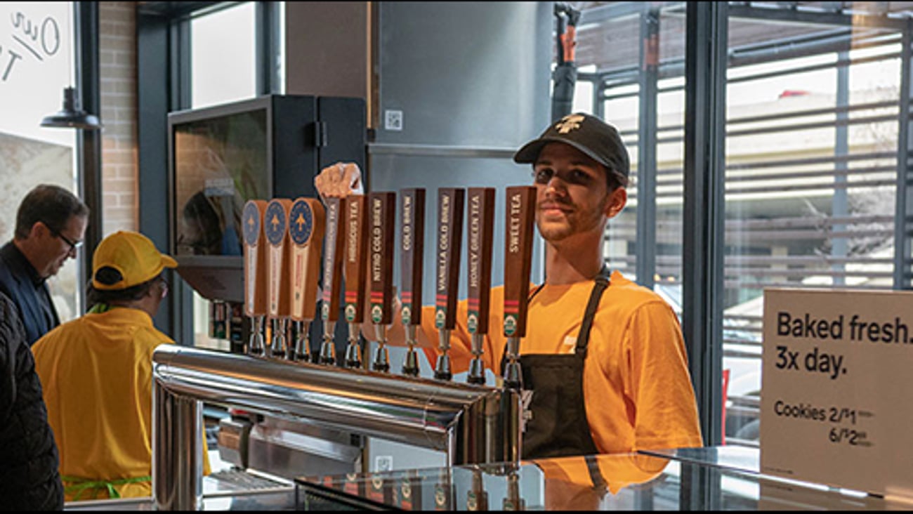 Novelty beverages such as nitro cold brew, kombucha and organic teas are on tap.