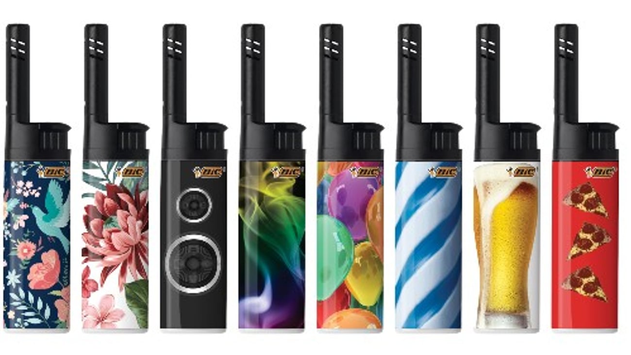 Eight BIC EZ Reach lighters with different designs