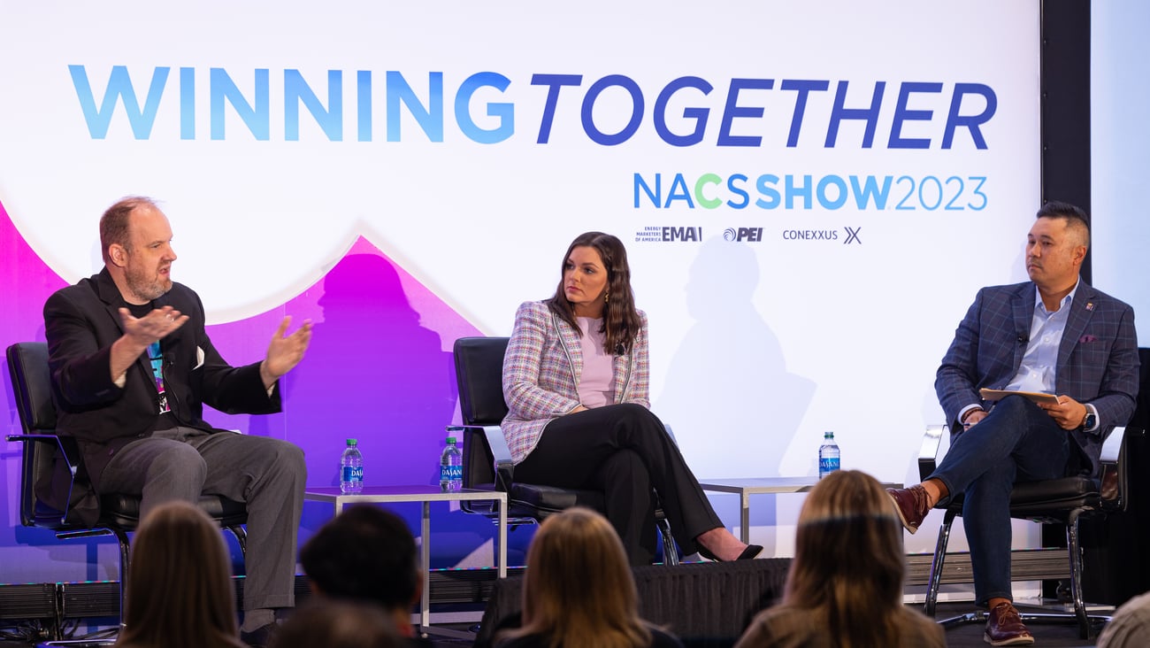 7-Eleven's Ben Tienor, RaceTrac's Mandee Harvey-Smith and Art Sebastian, retail strategy consultant, discuss retail media networks at the 2023 NACS Show. 