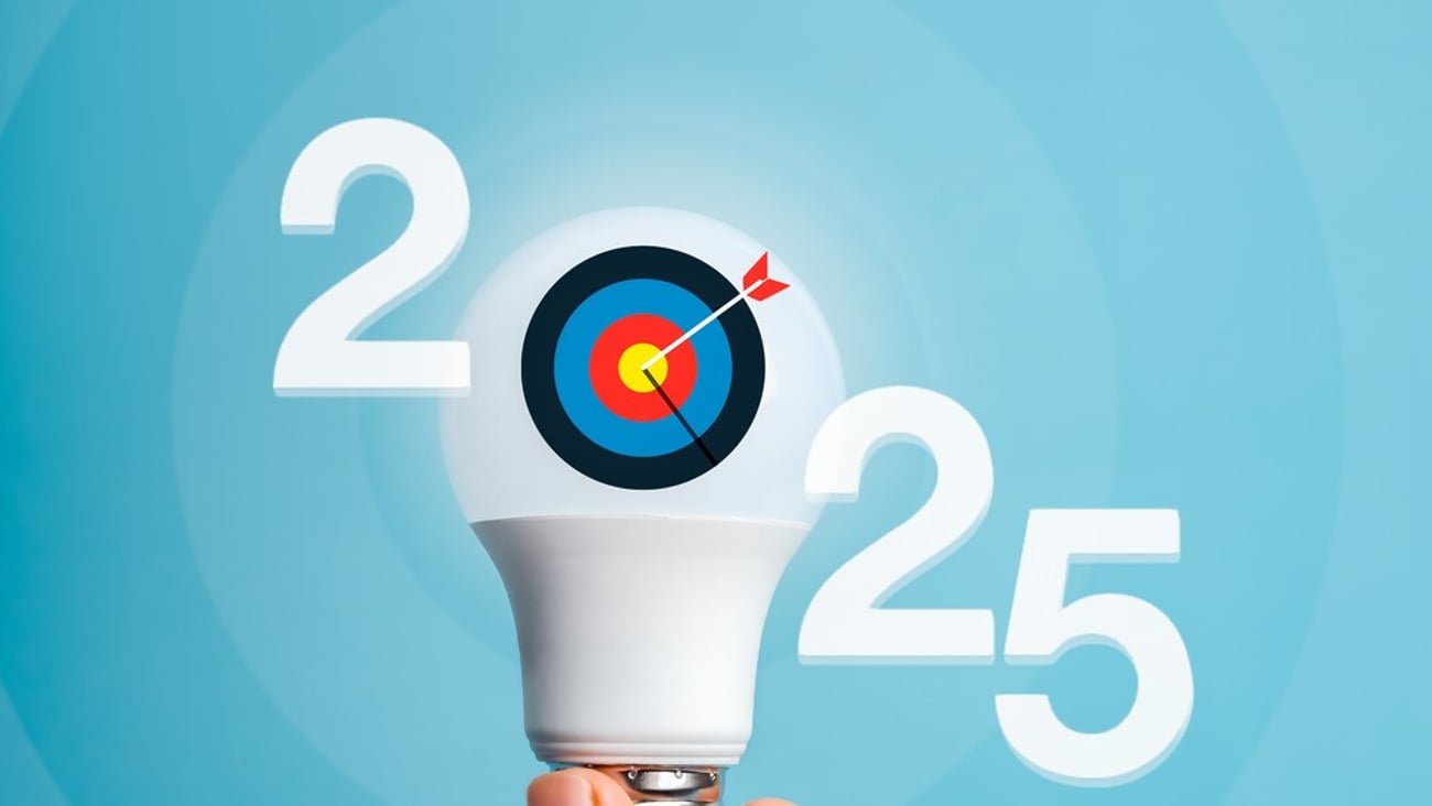 Happy 2025 new year with creative idea, business market goal, innovation and trends concept. Target icon on glowing light bulb in hand arranged with 2025 calendar numbers on blue vertical background.; Shutterstock ID 2510982205