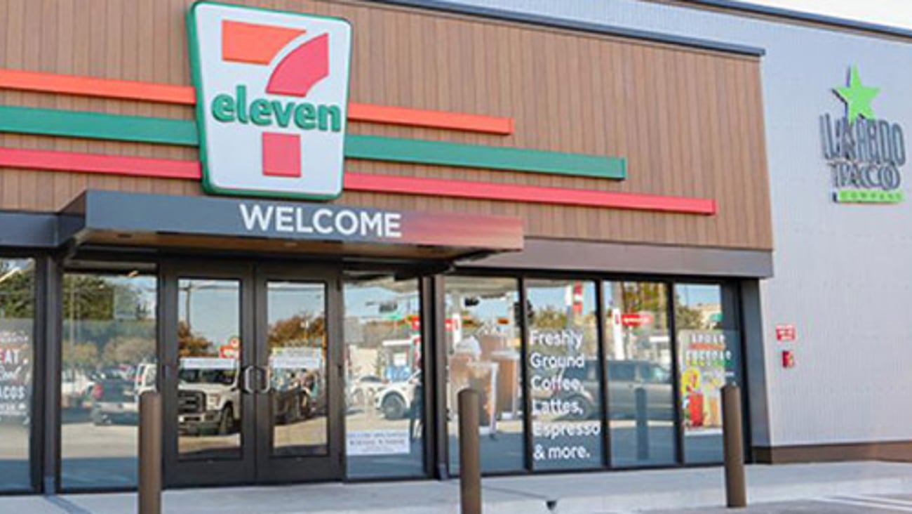 A 7-Eleven convenience store with a Laredo Taco Co.