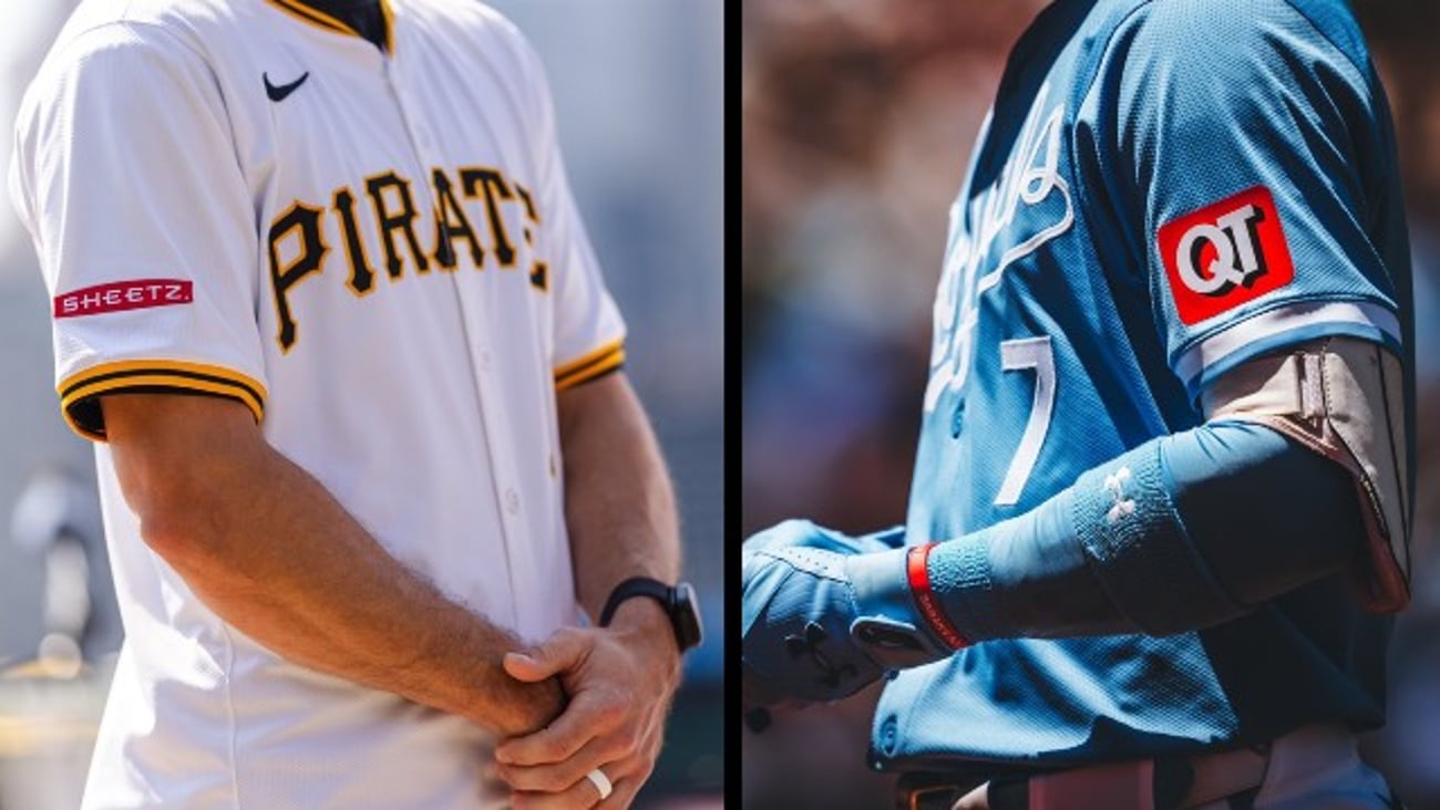 Pittsburgh Pirates baseball jersey with Sheetz patch and Kansas City Royals baseball jersey with QuikTrip patch 