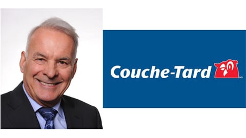 Alimentation Couche-Tard Chairman Alain Bouchard and the company logo