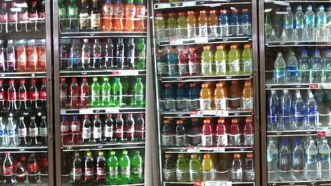 Cold beverages in the cooler at a store