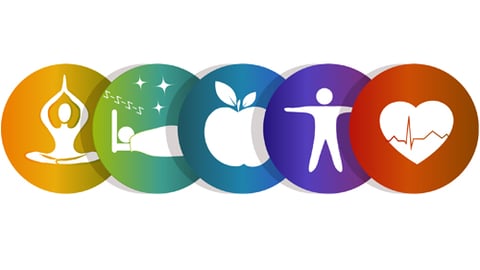 Graphics depicting health and wellness like sleep, fruit, and exercise