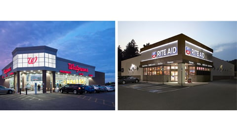 Side by side images of a Walgreens store and a Rite Aid store