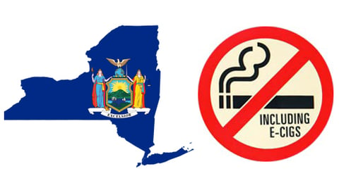 The map ad seal of New York state plus a no e-cigarette sue sign