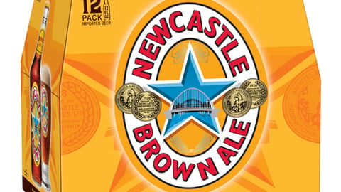 A 12-pack of Newcastle Brown Ale debuting its new look.