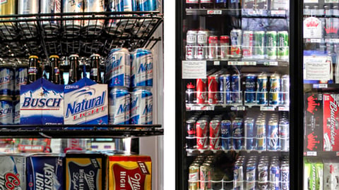 A convenience store beer cooler