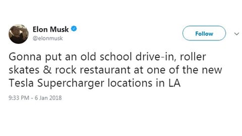 Elon Musk tweet about new Tesla Supercharger