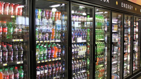 A beverage cooler in a convenience store