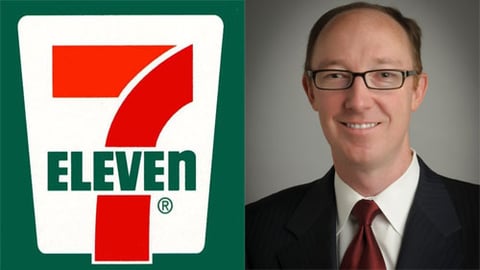 7-Eleven logo (l) and Jack Stout headshot 