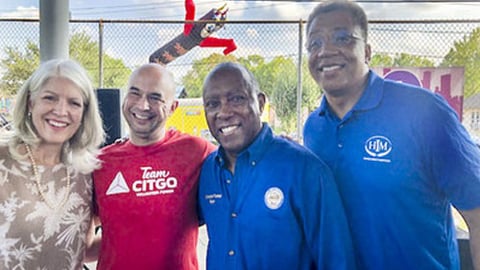 L to R: City Council Member Karla Cisneros, TeamCITGO volunteer Jerry Santos, Mayor Sylvester Turner and Rev. Ray Mackey, Higher Impact Ministries.