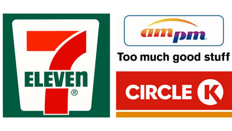 Logos for 7-Eleven, ampm and Circle K