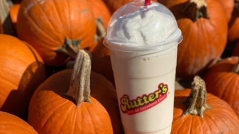 Rutter's Pumpkin Pie Milkshake with pumpkins