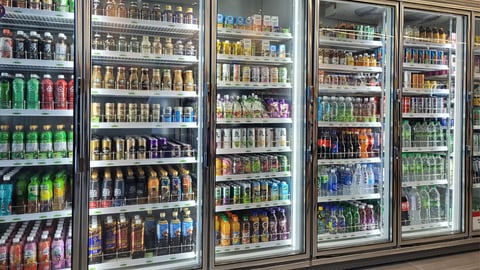 A beverage cooler in a convenience store