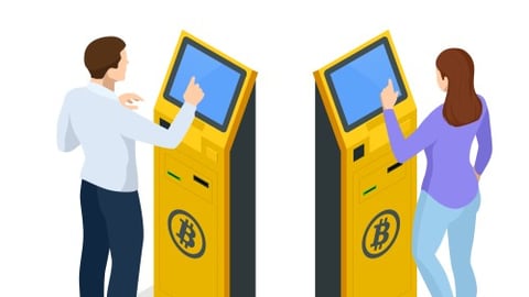 Man and woman using bitcoin ATMs