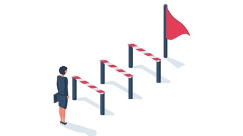 Illustration of business woman facing three hurdles with a red flag at the end