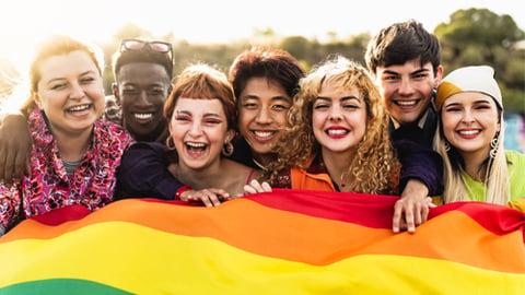 A diverse group of people holding a rainbow flag