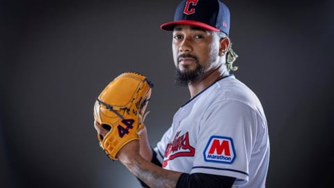 Emmanuel Clase in a Cleveland Guardians jersey with a Marathon logo patch on sleeve