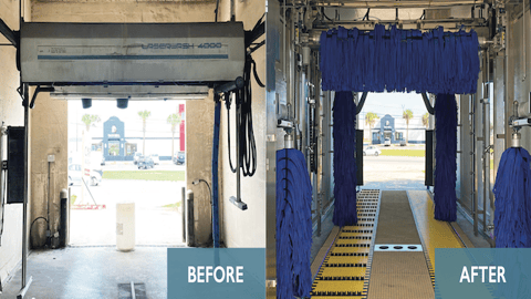 The before and after installing a ModBrite car wash system at a car wash