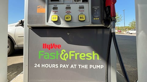 A gas pump with Unleaded 88 at Hy-Vee Fast & Fresh
