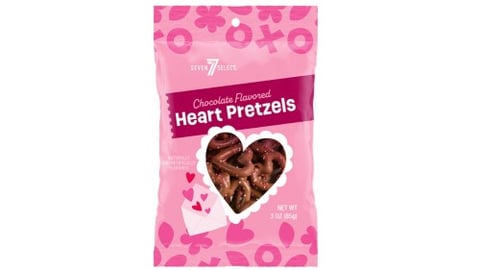 A bag of 7-Eleven Chocolate-covered Heart Pretzels