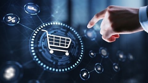Hand reaching out to shopping cart icon
