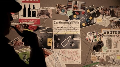 Flavorman Beverage Trends header featuring a conspiracy board of questions
