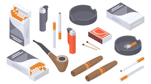 Tobacco products and smoking accessories, including cigarettes, pipe, cigar, matches and lighters