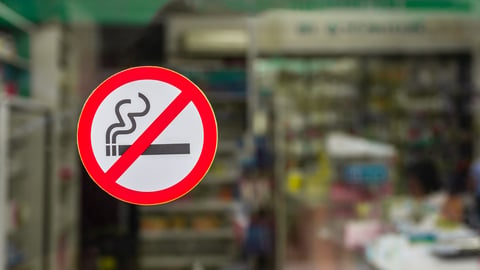 No smoking area sign at the glass door of drug store. ; Shutterstock ID 1191070945