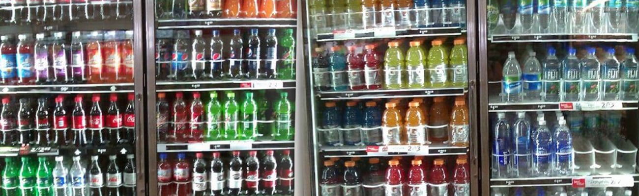 Cold beverages in the cooler at a store