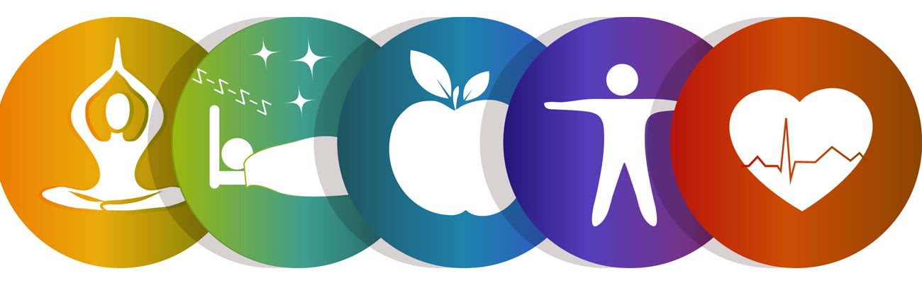 Graphics depicting health and wellness like sleep, fruit, and exercise