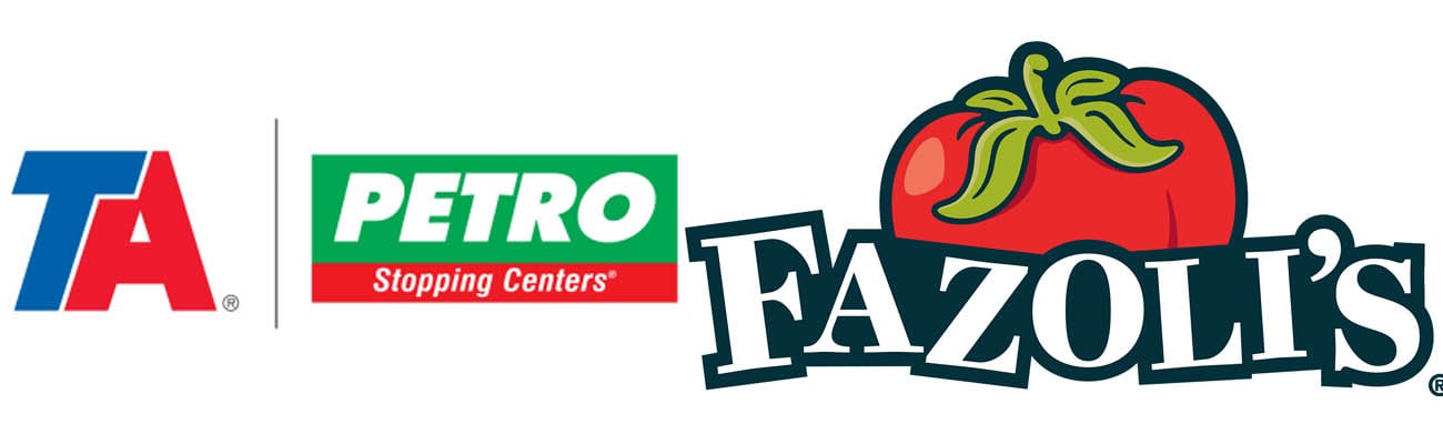 Logos for TA Petro brands and Fazoli's restaurant brand