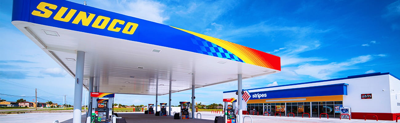 The exterior of a Stripes convenience store with Sunoco gas