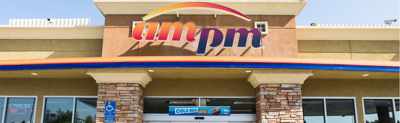 The exterior of an ampm store in Northern California