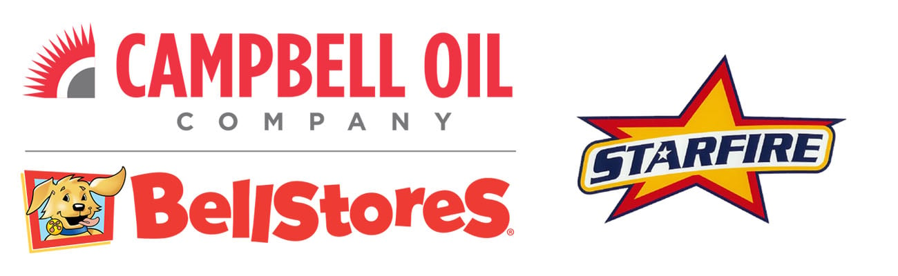 Logos for Campbell Oil, BellStores and Starfire stores